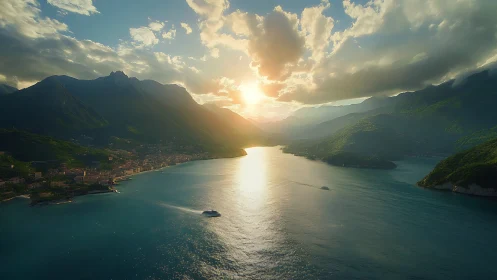 Sunlit mountain lake with coastal town and cruising boat.