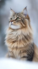 Long-haired tabby cat with striking green eyes gazes upward.