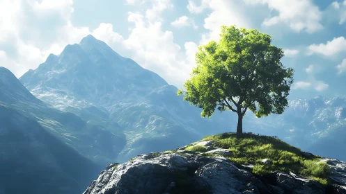 Solitary green tree on rocky hill before distant mountains.