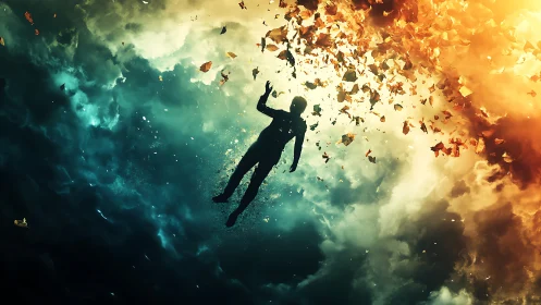 Silhouette figure drifting between teal and fiery clouds.