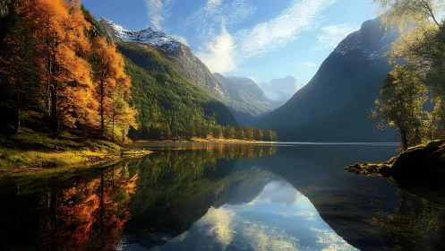 Golden lakeside valley wrapped in calm mountain light.