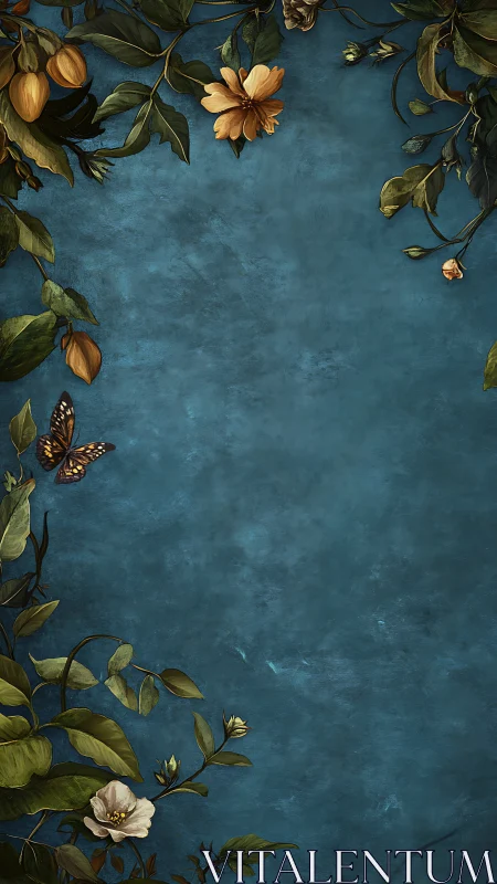 Vertical botanical frame surrounds textured teal backdrop