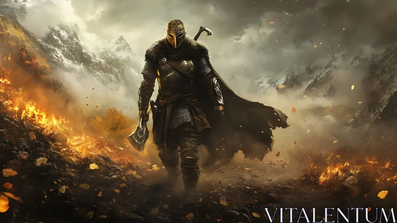 Lone axe knight striding through ember-scarred mountain pass.