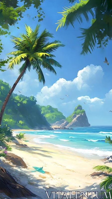 Tropical Coastal Landscape: Digital Painted Paradise Beach.