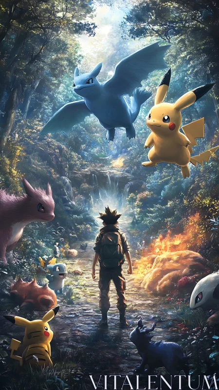 Forest trainer encounter with flying Charizard and Pikachu