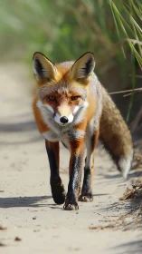 Red fox walking along sandy path in natural habitat.