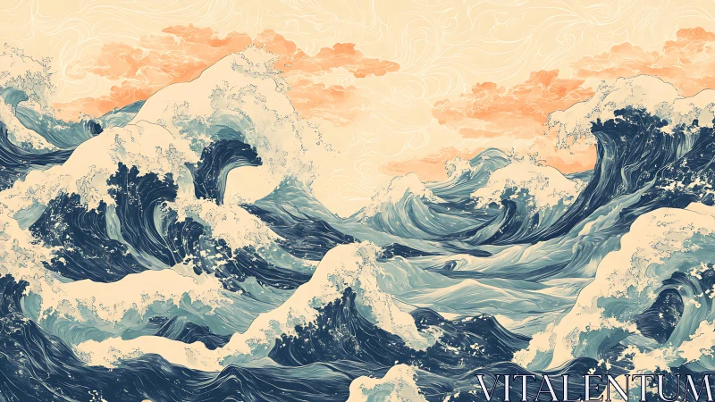 Waves rehearse ancient stories beneath peach cloud script