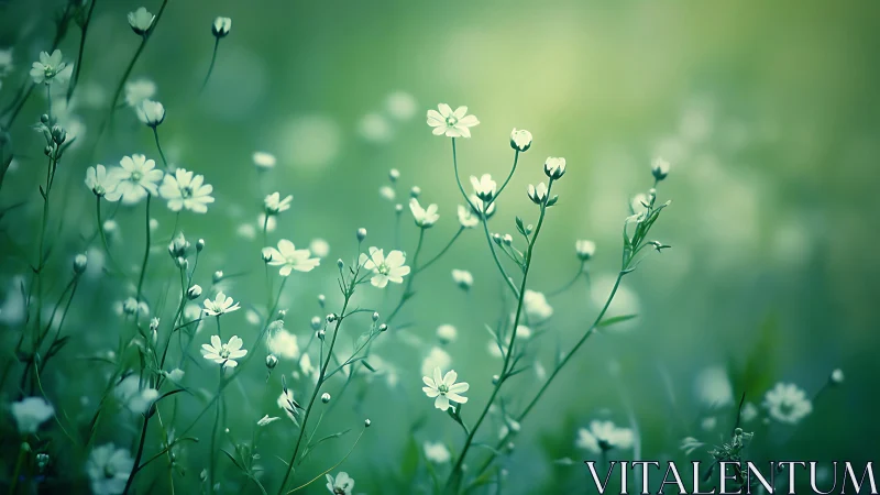 Delicate white wildflowers in dreamy teal meadow light.