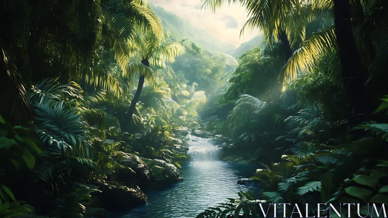 Tropical River Canyon Illuminated by Golden Sunlight.