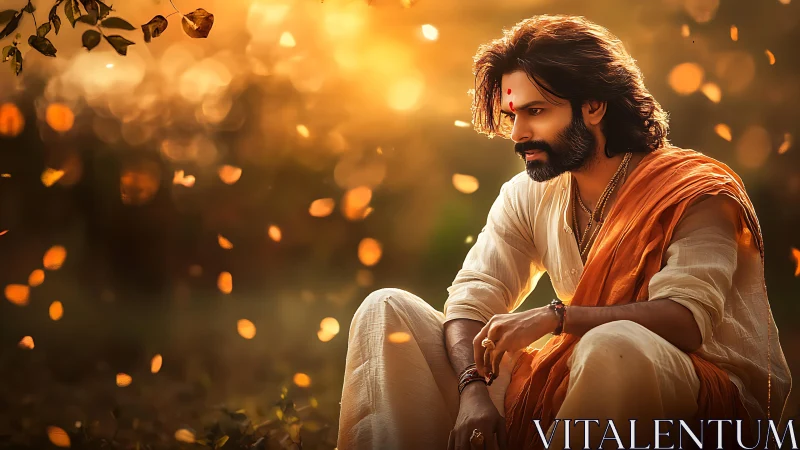 Meditative sage in saffron robes under warm bokeh sunset light
