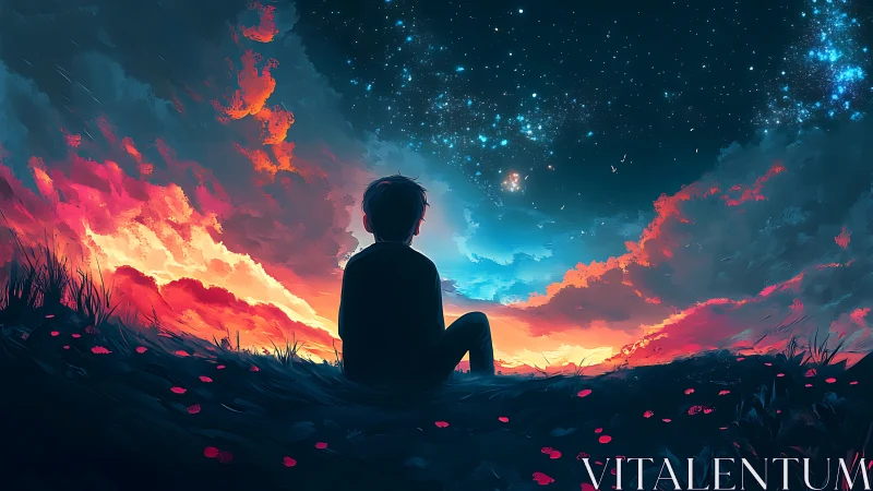 Silhouette boy watches glowing nebula sky at twilight