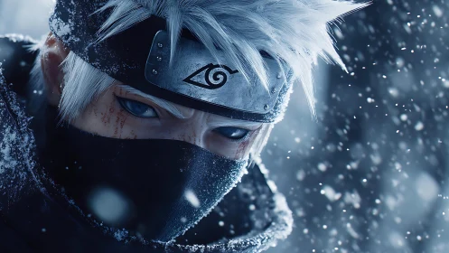 Masked white-haired ninja stares forward in falling snow