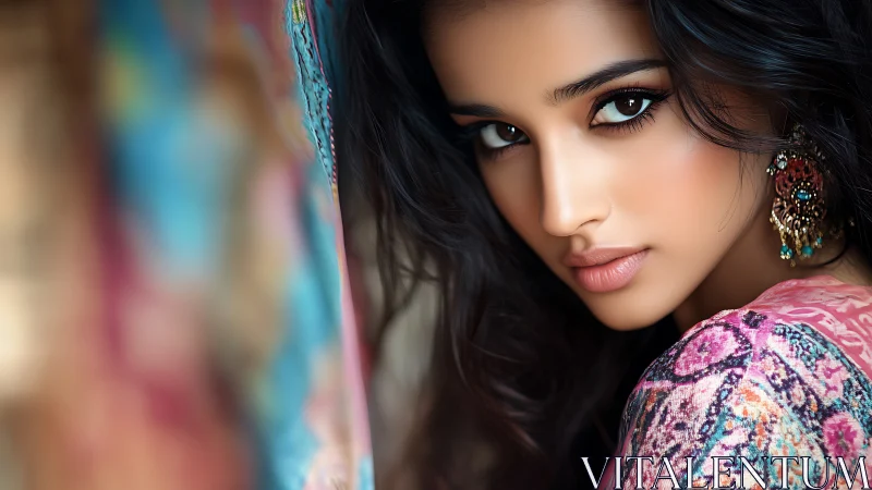 Portrait of a woman in vivid patterned shawl gazing intently.