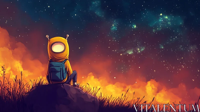 Astronaut silhouette gazes at nebula sky over ember clouds.