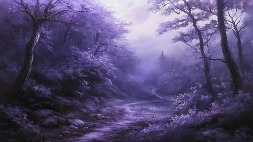 Purple mist forest path under soft diffuse daylight.