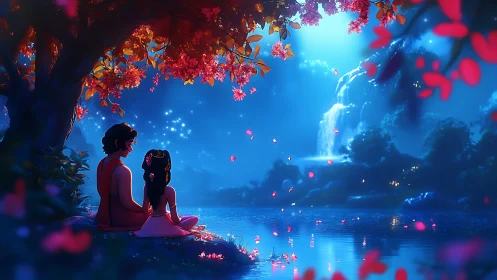 Two figures beneath crimson blooms in an ethereal blue realm