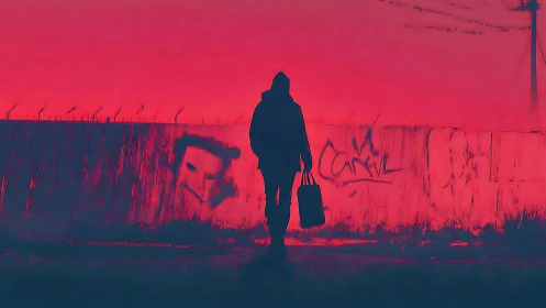 Solitary evening walk glows against bold neon graffiti wall