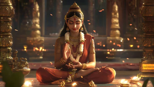 Serene Indian woman meditates in golden temple glow.