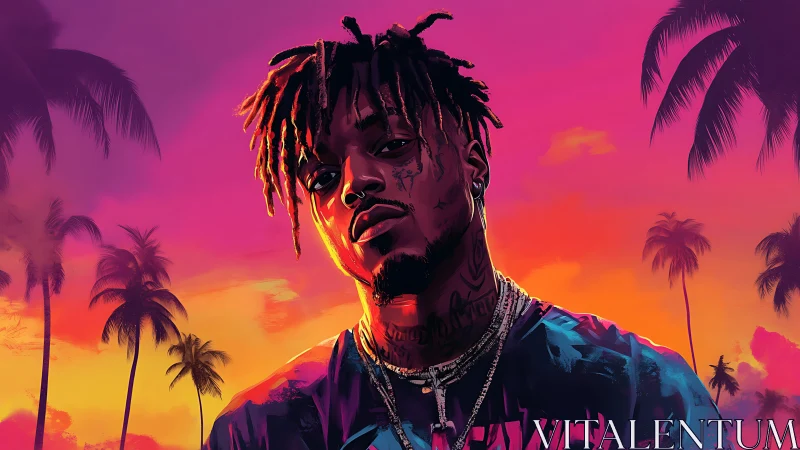 Neon-lit urban portrait against tropical sunset sky.