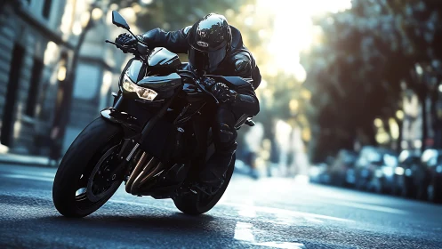 Sport motorcycle leans through sunlit city street corner