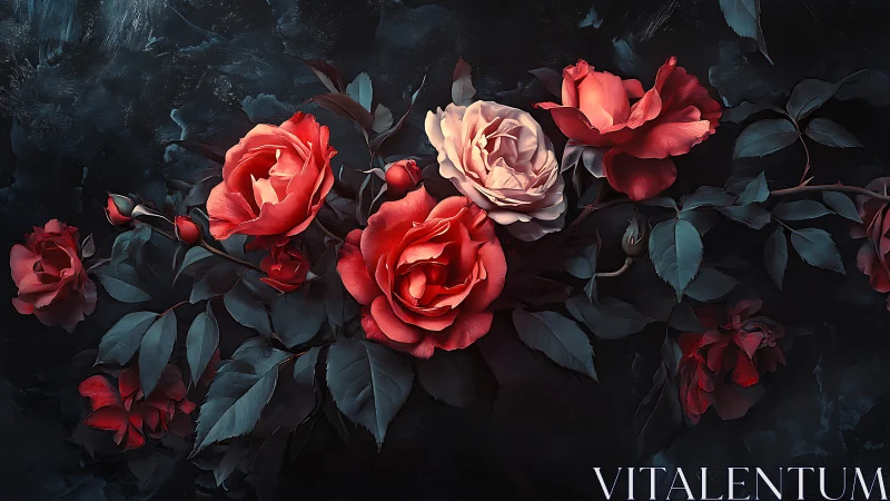 Crimson Roses Against Dark Foliage.