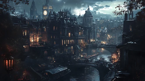 Nocturnal steampunk canal city under stormlit skyline.