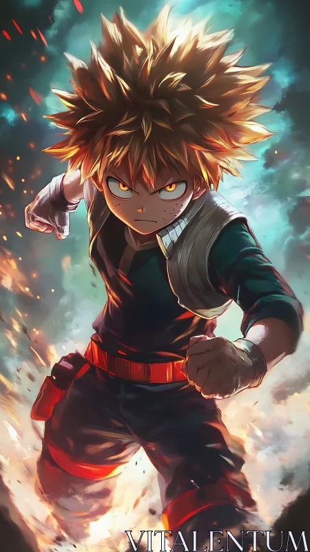 Fired up anime hero charging forward with bold determination.