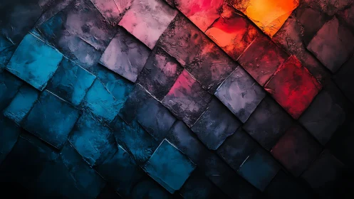 Abstract geometric textured tiles with vibrant blue and red hues.