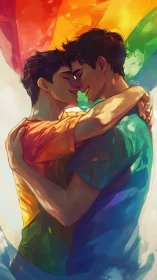 Digital Painting of Two Male Figures in Embrace with Rainbow Color Gradient Overlay
