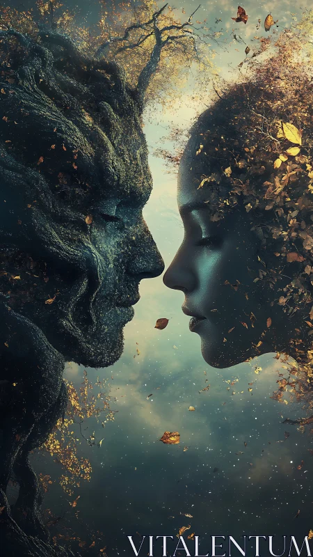 Forest spirit and human muse merge through falling leaves