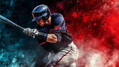 Explosive baseball batter in motion amid red and teal clouds.