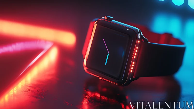 Smartwatch lies on reflective surface under neon lighting