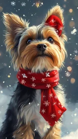Festive yorkie pup wrapped in a cozy red winter scarf.