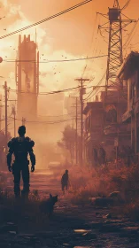 Armored wanderer crosses ruined street under molten sky