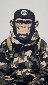 Militant chimpanzee portrait in camo jacket and cap