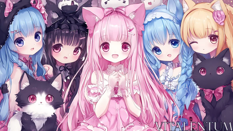 Pastel anime catgirls form symmetrical kawaii portrait line