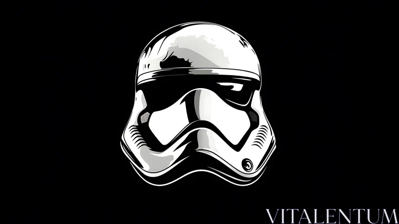 White sci fi combat helmet graphic on solid black ground.