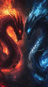 Opposing fire and ice dragon forms confront in vertical frame