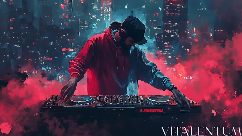 Midnight city DJ weaving neon storms of sound.