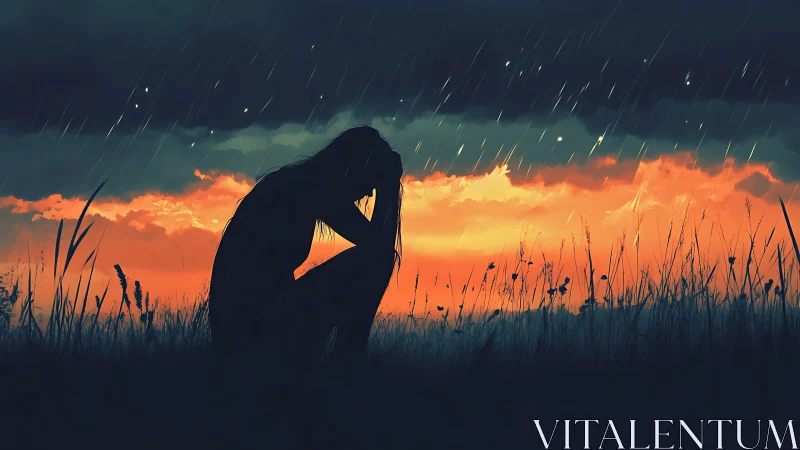 Silhouetted figure grieves in rain beneath a burning sunset sky