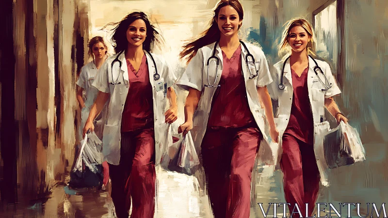 Confident Female Doctors Walking in Hospital, Painterly Digital Art.
