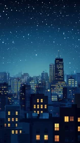 Nocturnal city skyline with layered midrise blocks and star field