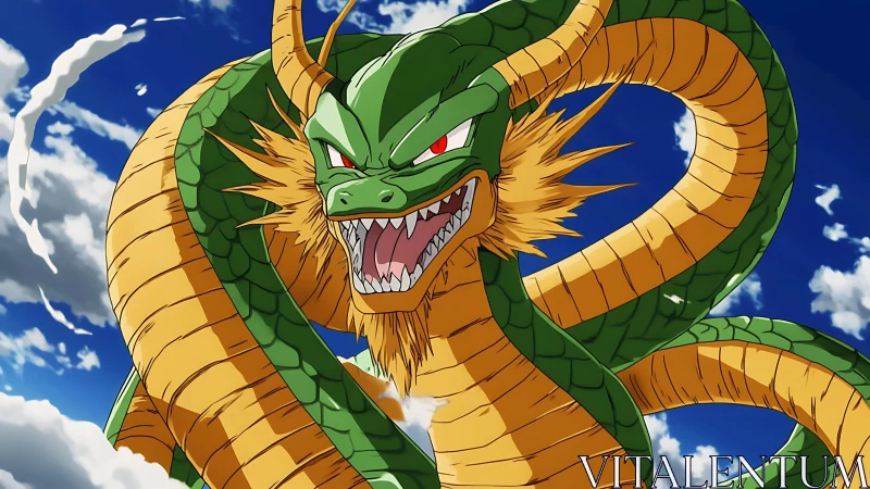Serpentine green dragon with cel-shaded scales coils through sky