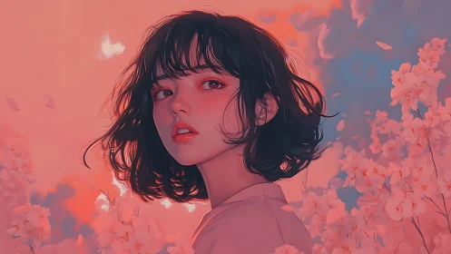 Digital portrait of young woman amid stylized floral field