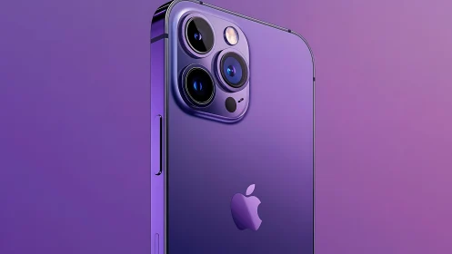 Purple iPhone 14 Pro smartphone displayed against matching gradient background