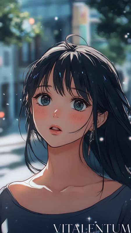 Streetlit daydream girl caught in a hush of soft wonder.