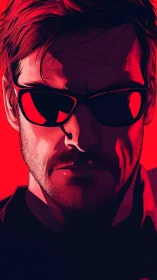 Bold red portrait of man in sunglasses with hard shadows.