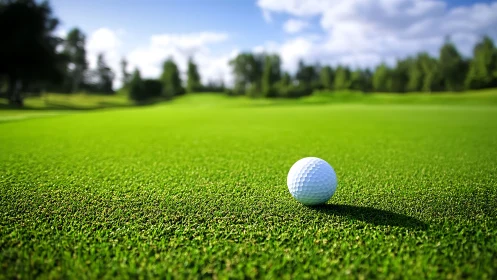Single golf ball on sunlit green with shallow depth of field
