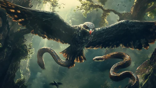 Eagle and snake locked in midair jungle confrontation.