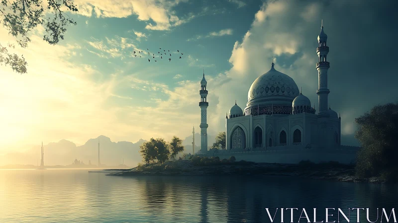 Sunlit lakeside mosque under glowing fantasy sky.